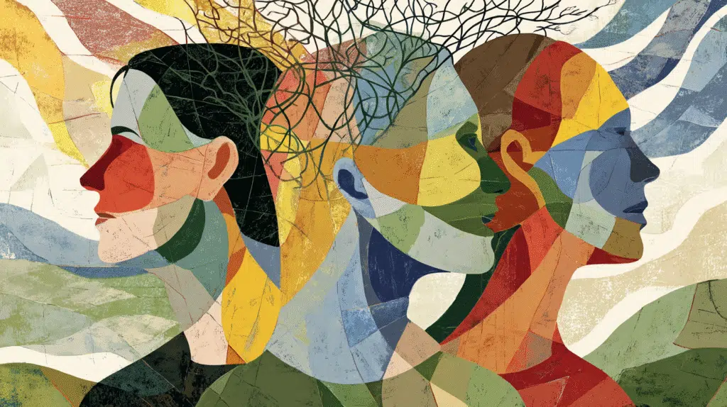 
A stylised illustration representing the three facets of PICS (physical, psychological, neurological) interconnected, perhaps as a gentle, intricate web. The colours are muted but clear
