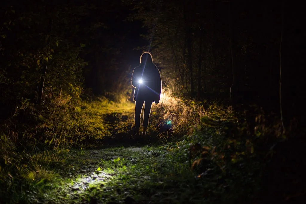 A lone woman with a flashlight illuminates a dark forest path, creating a mysterious nighttime scene.