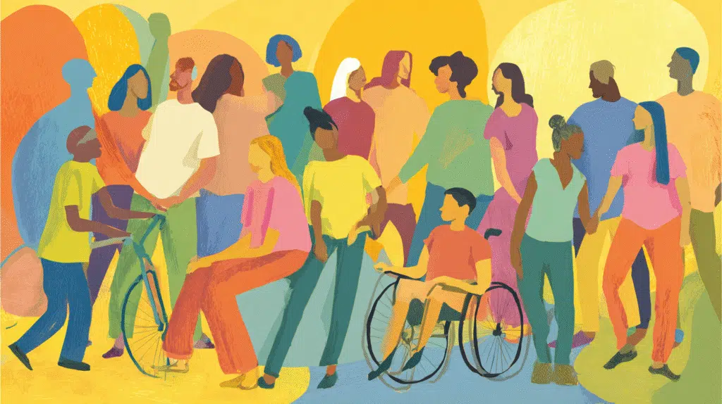 A vibrant image of diverse people engaged in everyday activities, smiling and connecting, symbolising resilience and a good quality of life despite challenges. The lighting is warm and optimistic