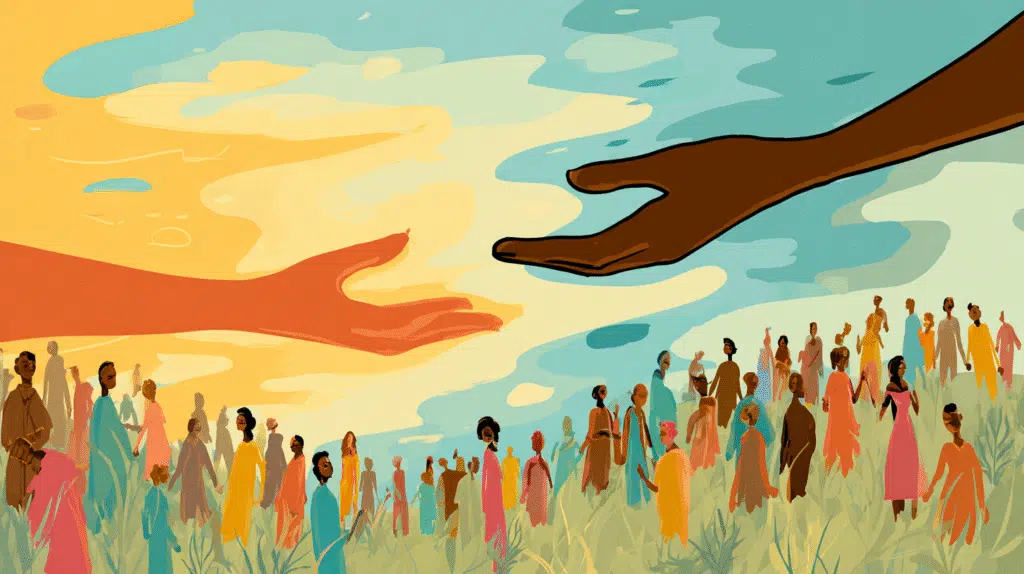 A hand reaching out to another hand, symbolic of support and community, with a subtle background of diverse people in a group setting. The overall feeling is one of hope and connection.