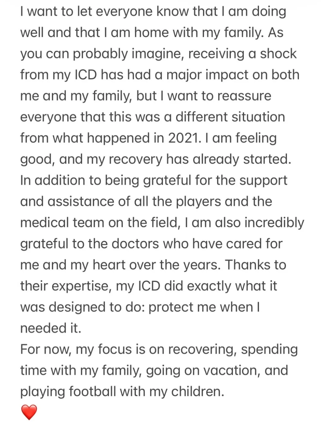 message from Christian Eriksen after his on-pitch ICD shock